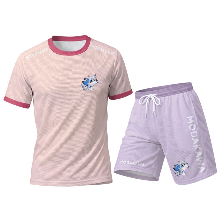 MODAKAWA X Space Barker Looking Up Grafik Herren-Sport-T-Shirt mit Kordelzug, passende Shorts und Outfit - Pink Set【Pink Top+Purple Shorts】 - 5XL - image 14