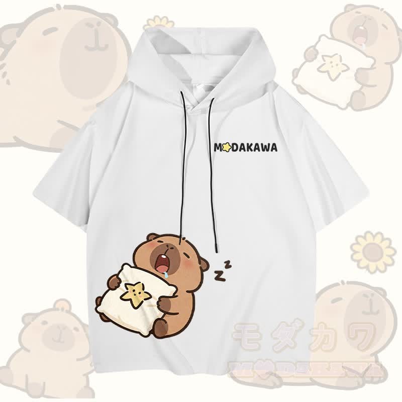 Modakawa Kurzarm-Hoodie mit Sleepy Capybara-Grafik - Weiß - 3XL - image 4