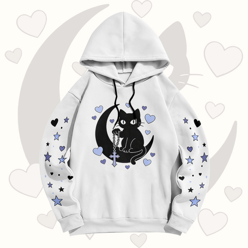 Modakawa Pullover-Hoodie mit Farbverlauf, schwarzer Katze und Mond-Grafik - White A - 6XL - image 9