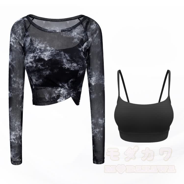 Set aus bauchfreiem Crop-Top mit langen Ärmeln und Batikmuster aus Mesh und Sport-BH - Schwarz - XL - image 10