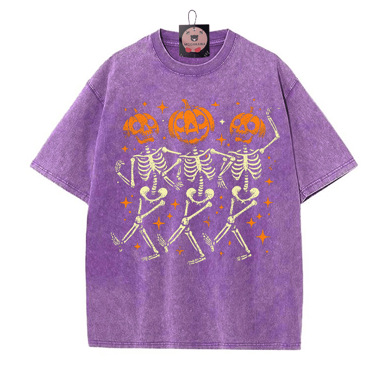 Kürbis-Tanzparty-Skelett-Halloween-Grafik Unisex Vintage Washed T-Shirt - Lila - 5XL - image 5