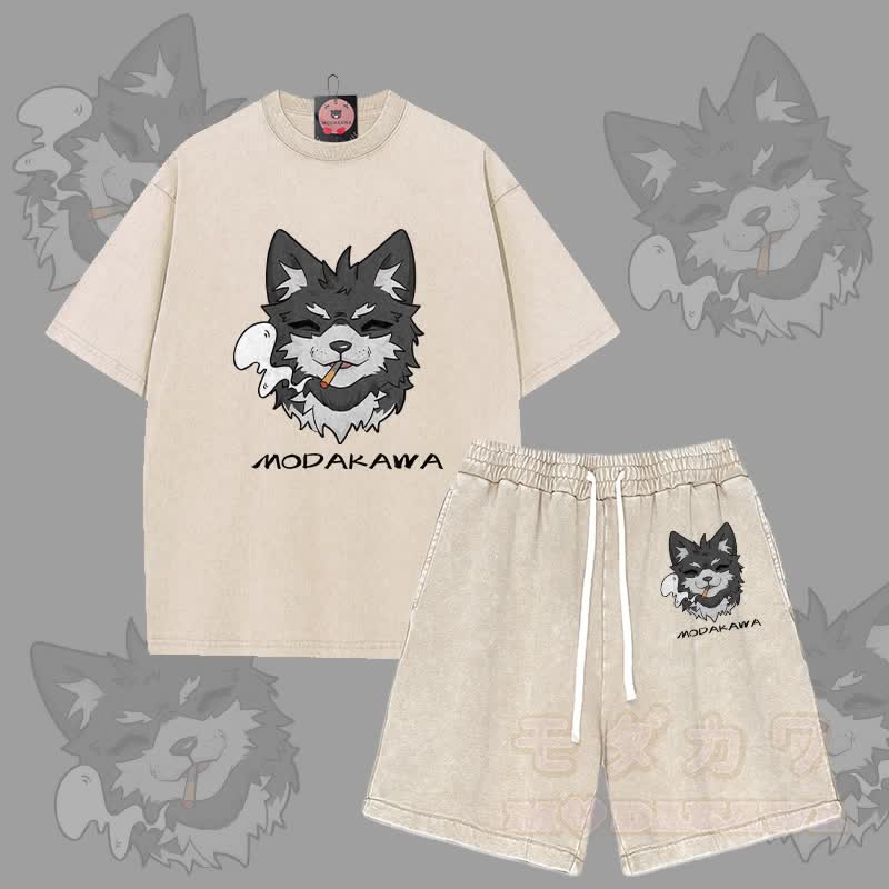 MODAKAWA Smoking Puppy Grafik Vintage Washed T-Shirt Shorts Zweiteiliges Set - Aprikose - 3XL - image 11