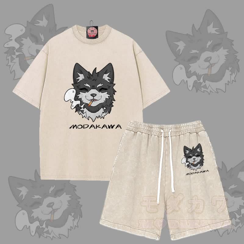 MODAKAWA Smoking Puppy Grafik Vintage Washed T-Shirt Shorts Zweiteiliges Set - Aprikose - 3XL - image 11