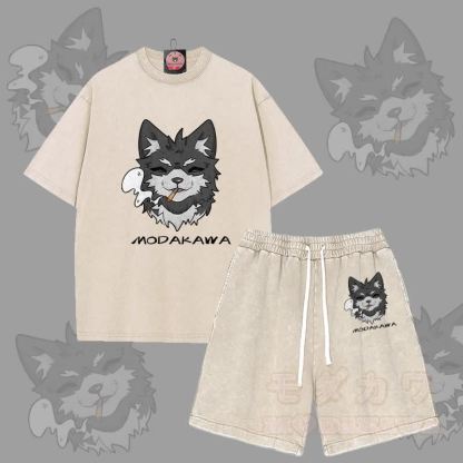 MODAKAWA Smoking Puppy Grafik Vintage Washed T-Shirt Shorts Zweiteiliges Set - Aprikose - 3XL - image 11