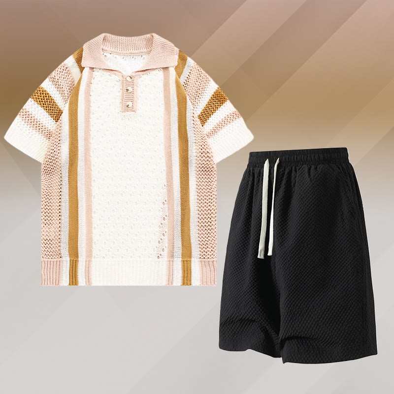 Gestreiftes Poloshirt aus offenem Strick, strukturierte Shorts mit Kordelzug, passendes Outfit von Modakawa - Two Pieces Set E - 3XL - image 5
