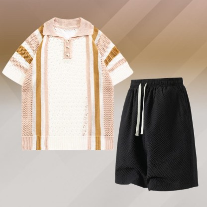Gestreiftes Poloshirt aus offenem Strick, strukturierte Shorts mit Kordelzug, passendes Outfit von Modakawa - Two Pieces Set E - 3XL - image 5