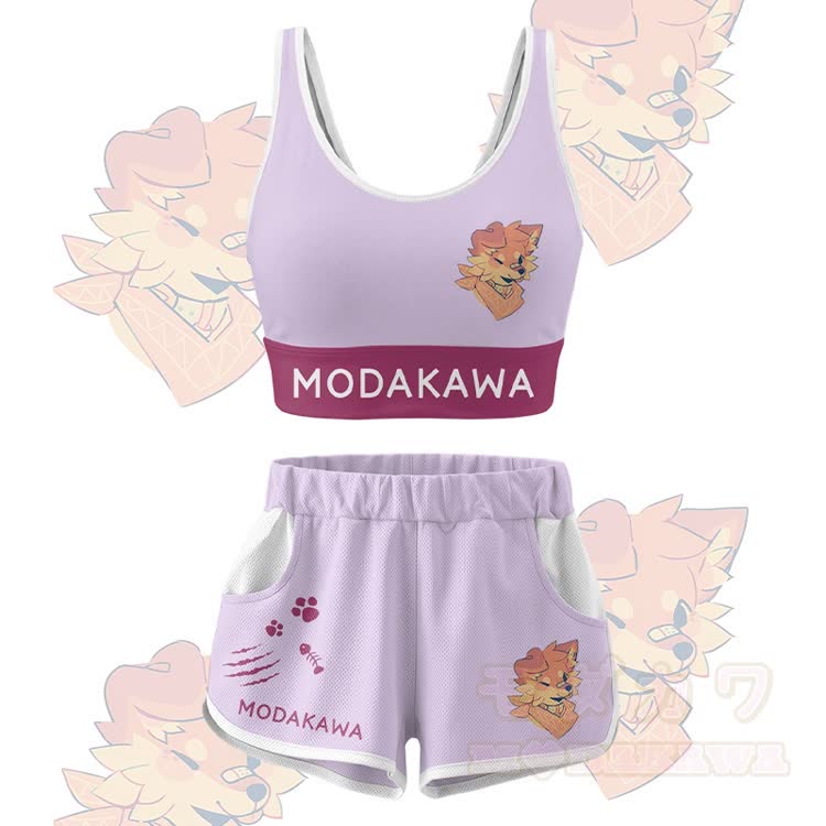 MODAKAWA X popipeko Wink Puppy Graphic Crop Tank Tank Sport Top Shorts Bikini Matching Outfit - Lila Set - 5XL - image 15