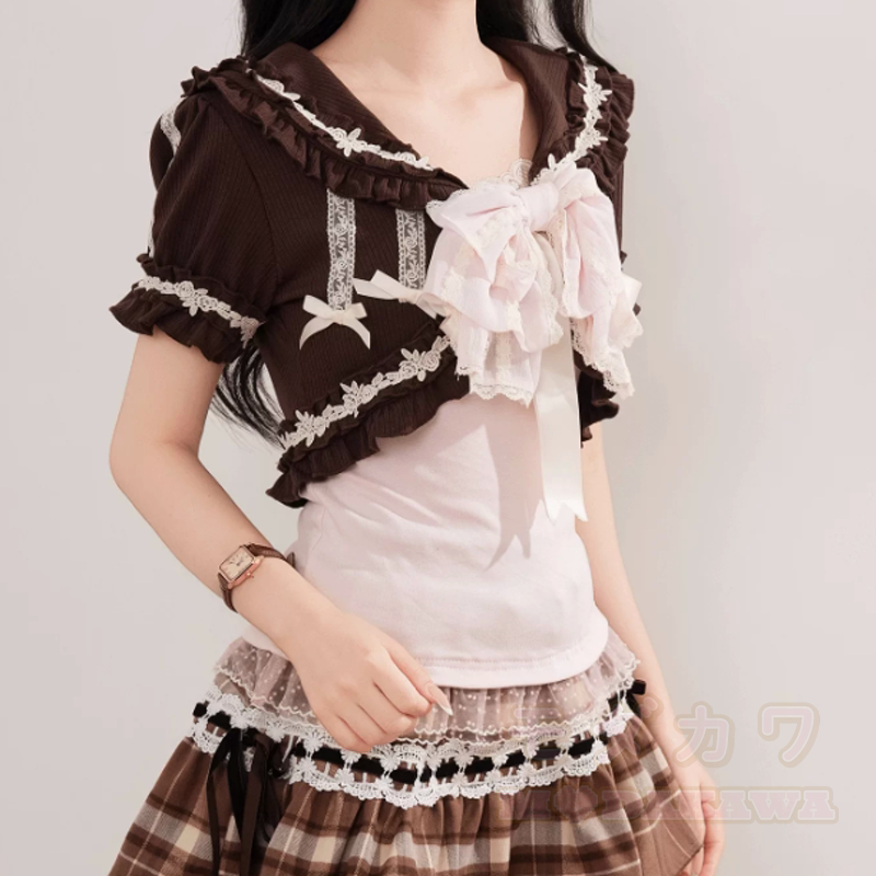 Süßes Kurzarm-Cardigan-Top mit Schleife und kariertem Rock, dreiteiliges Set - image 7