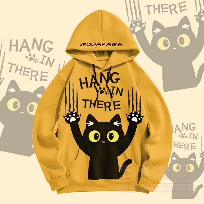 MODAKAWA HANG IN THERE Pullover Hoodie mit Allover-Print und schwarzer Katze - Gelb - 5XL - image 3