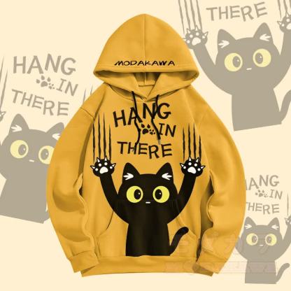 MODAKAWA HANG IN THERE Pullover Hoodie mit Allover-Print und schwarzer Katze - Gelb - 5XL - image 3