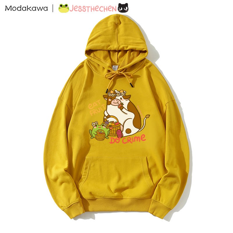 Hoodie mit Kuhmotiv (Früchte essend) aus Baumwollmischgewebe - Yellow - 5XL - image 3