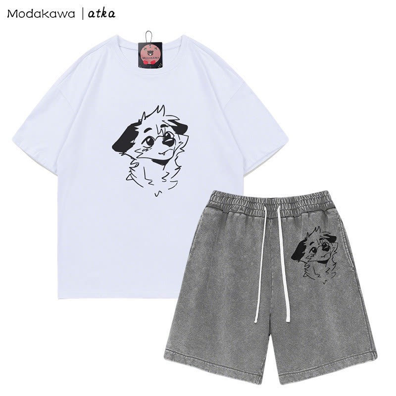 MODAKAWA X atka T-Shirt mit Anticipating Fox-Grafik und verwaschenen Vintage-Shorts, zweiteiliges Set - White&Grey - 3XL - image 7