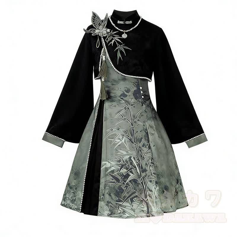 Vintage-Strickschal mit offenem Strickmuster, 3D-Schmetterlingsquasten-Top, Bambus-Grafik-Unterkleid, passendes Outfit - Oberteil + Kleid - L - image 5