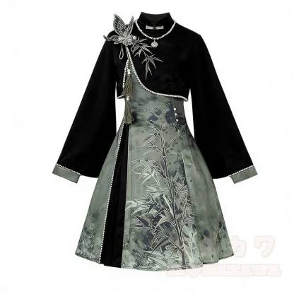 Vintage-Strickschal mit offenem Strickmuster, 3D-Schmetterlingsquasten-Top, Bambus-Grafik-Unterkleid, passendes Outfit - Oberteil + Kleid - L - image 5