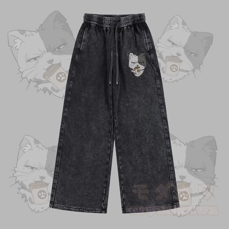 MODAKAWA Hose mit Katzenmotiv (Vintage-Waschung) und verstellbarem Saum - Schwarz - 2XL - image 3