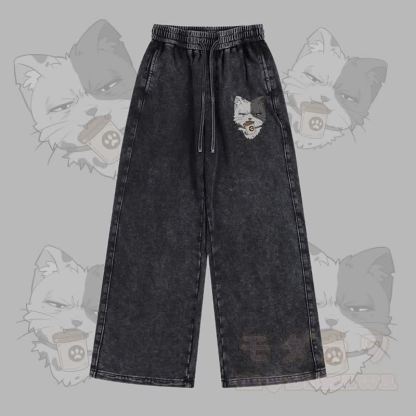 MODAKAWA Hose mit Katzenmotiv (Vintage-Waschung) und verstellbarem Saum - Schwarz - 2XL - image 3