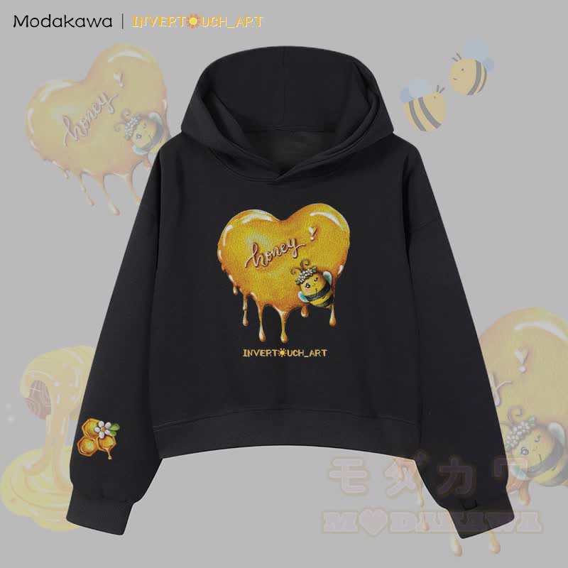 MODAKAWA X INVERTOUCH_ART Honigbienen-Grafik Modakawa Cropped Cotton Hoodie - Schwarz B - 3XL - image 5