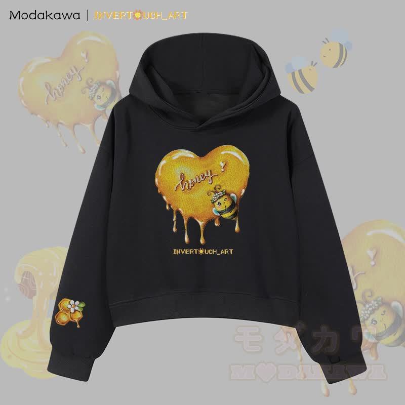 MODAKAWA X INVERTOUCH_ART Honigbienen-Grafik Modakawa Cropped Cotton Hoodie - Schwarz B - 3XL - image 5