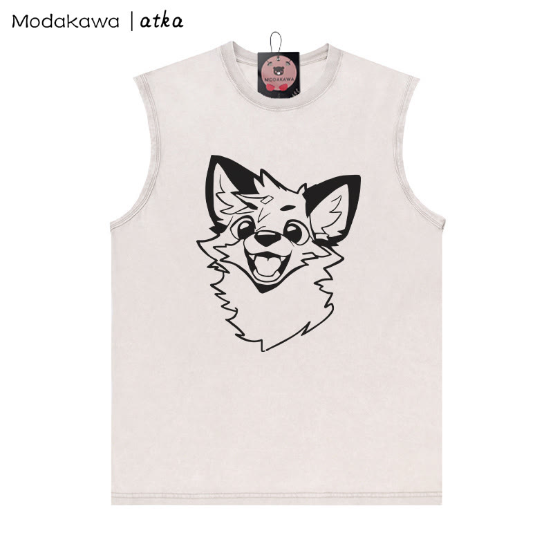 MODAKAWA X atka Fox Graphic Unisex Vintage Washed Ärmelloses T-Shirt - Aprikose - 2XL - image 3