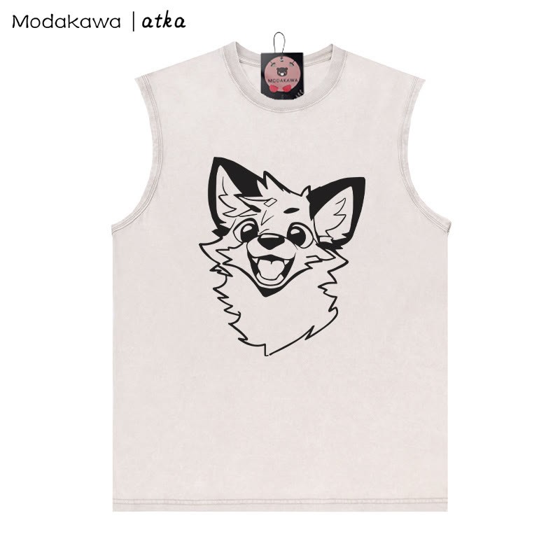 MODAKAWA X atka Fox Graphic Unisex Vintage Washed Ärmelloses T-Shirt - Aprikose - 2XL - image 3