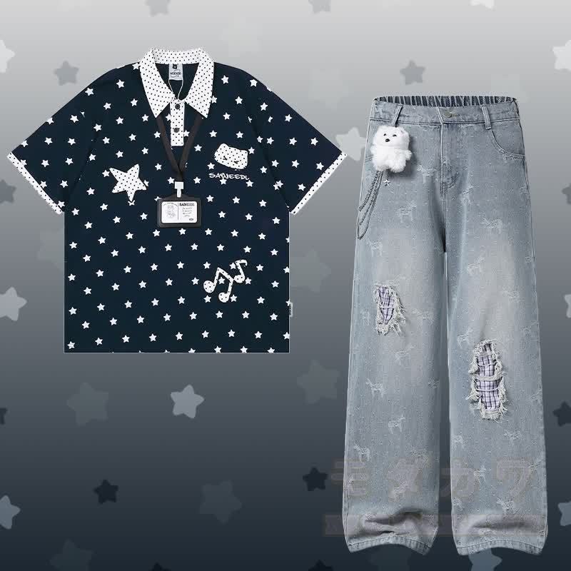 Polo-Shirt mit Polka-Dot- und Sternenmotiv, zerrissene Jeans mit 3D-Bärenkette von Modakawa (passendes Outfit) - Satz C - XL - image 7