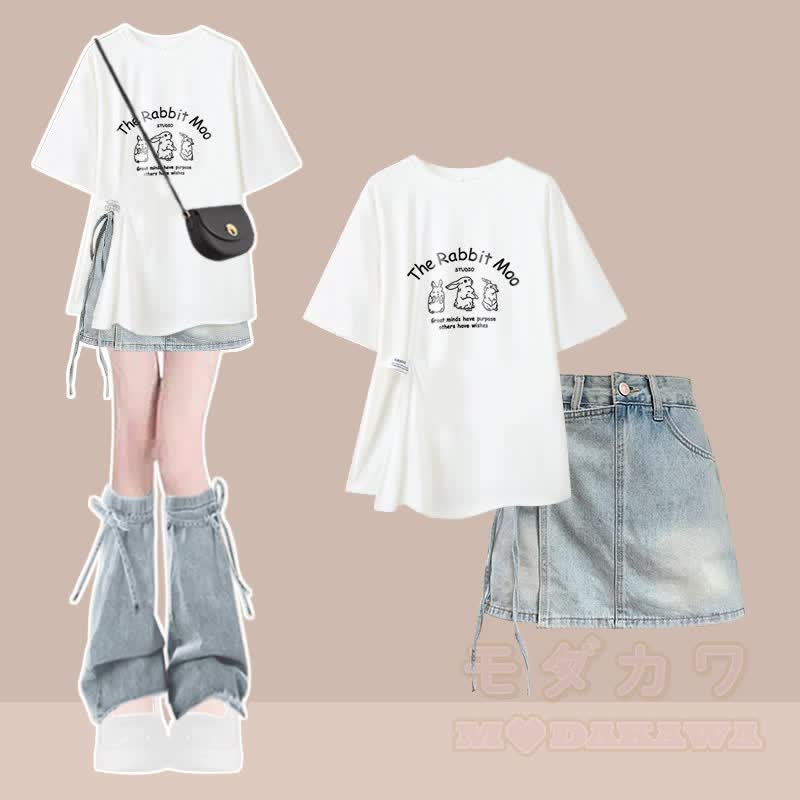 Unregelmäßiges T-Shirt, Jeansshorts, passendes Outfit - Zweiteiliges Set D - XL - image 4