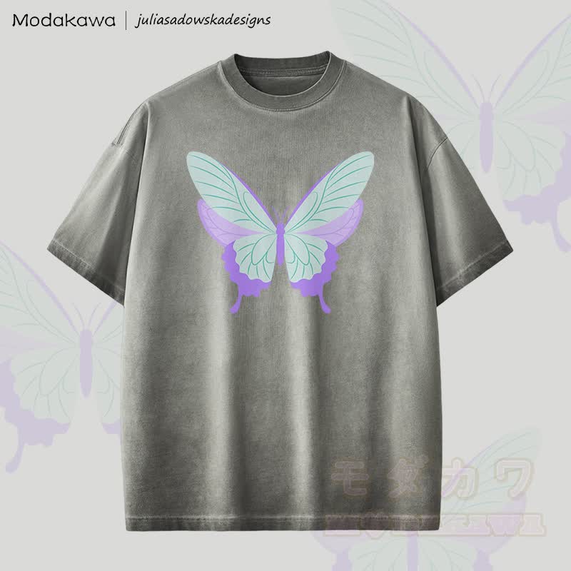 MODAKAWA X juliasadowskadesigns Schmetterlingsgrafik Unisex Dopamin Vintage Washed T-Shirt - Grau - 2XL - image 4