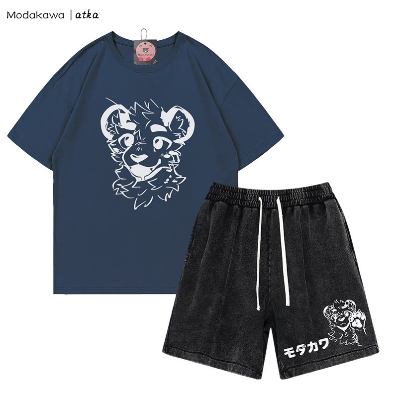 MODAKAWA X atka T-Shirt mit Tiger-Print, Vintage-Shorts, zweiteiliges Set - Purplish Blue&Black - 3XL - image 9