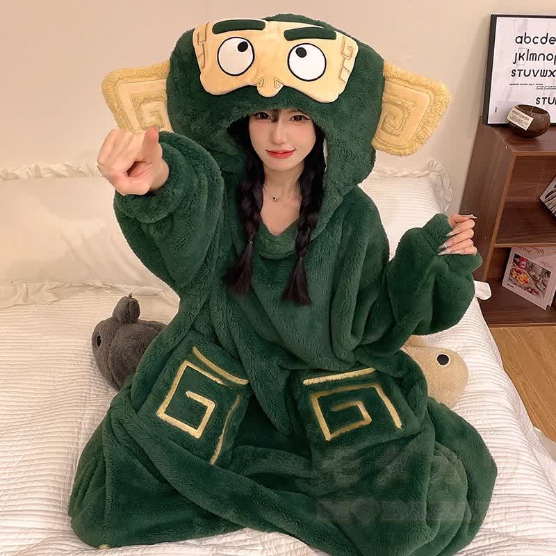 Lustiger Monster-Plüsch-Kapuzen-Einteiler-Schlafanzug - Grün B - 2XL - image 4