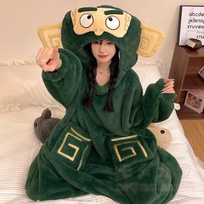 Lustiger Monster-Plüsch-Kapuzen-Einteiler-Schlafanzug - Grün B - 2XL - image 4