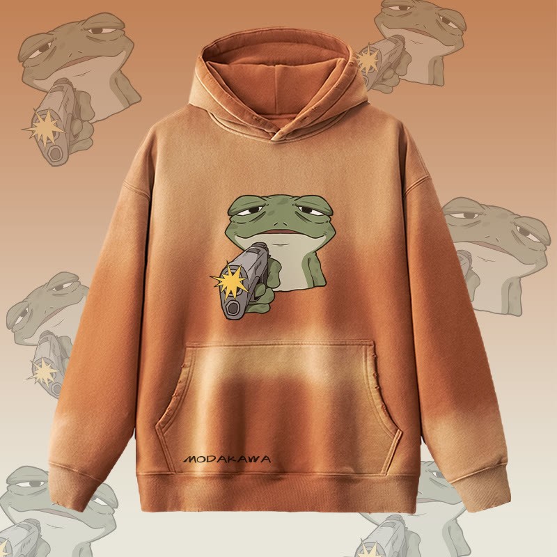 MODAKAWA Hoodie mit Frosch-und-Pistolen-Motiv im Vintage-Look, gefüttert mit Fleece - Brown - 2XL - image 4