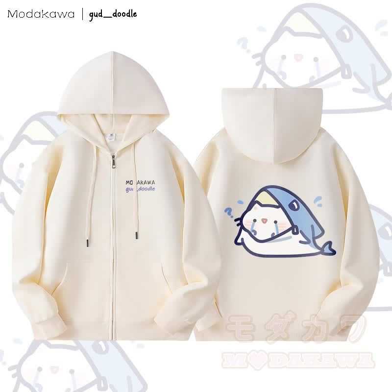 MODAKAWA X gud_doodle Kitty Shark Grafik Fleece gefütterter Kapuzenpullover mit Reißverschluss - Beige - 5XL - image 5