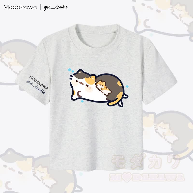 MODAKAWA x gud_doodle Damen-Crop-Top mit schlafender Katze (92 % gekämmte Baumwolle) - Grau - XL - image 3