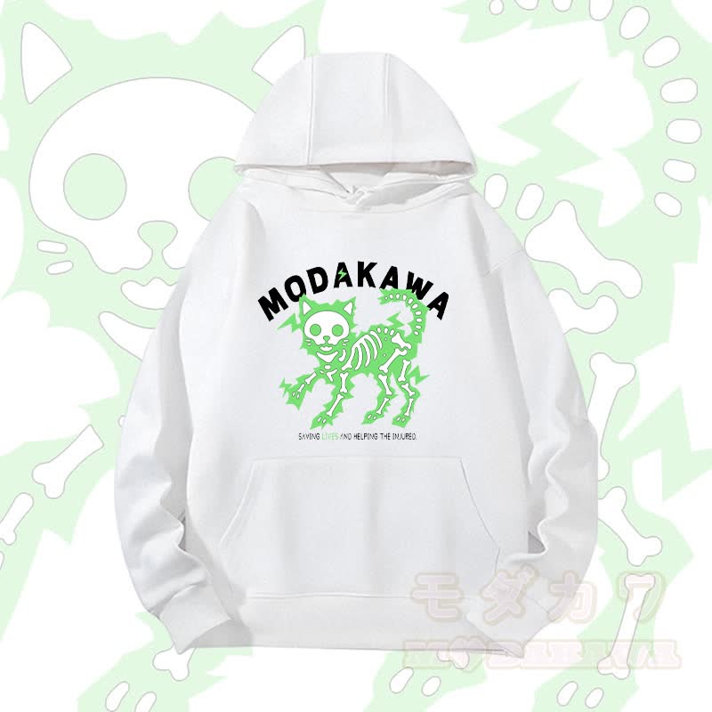 MODAKAWA Schwergewichtiger Hoodie mit elektrisiertem Skelettkatzen-Motiv - Weiß B - 2XL - image 7