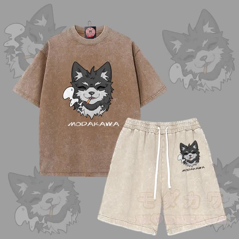 MODAKAWA Smoking Puppy Grafik Vintage Washed T-Shirt Shorts Zweiteiliges Set - Braun & Aprikose - 3XL - image 7