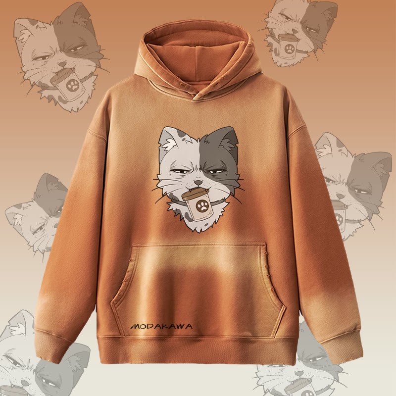 MODAKAWA Kapuzenpullover mit Katzenmotiv und Dose, Vintage-Waschung, Fleece-Futter - Brown - 2XL - image 3