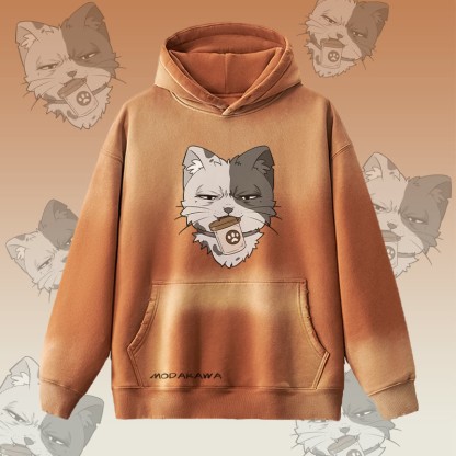 MODAKAWA Kapuzenpullover mit Katzenmotiv und Dose, Vintage-Waschung, Fleece-Futter - Brown - 2XL - image 3