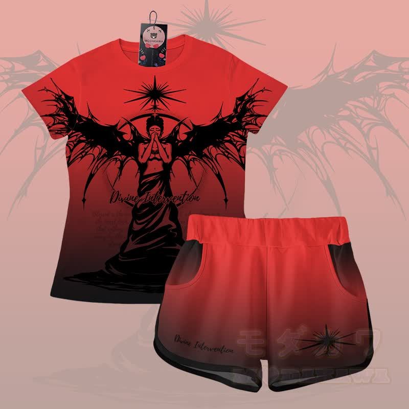 GÖTTLICHE INTERVENTION Engel Grafik Gradient T-Shirt Shorts Modakawa passendes Outfit - Satz C - 5XL - image 3