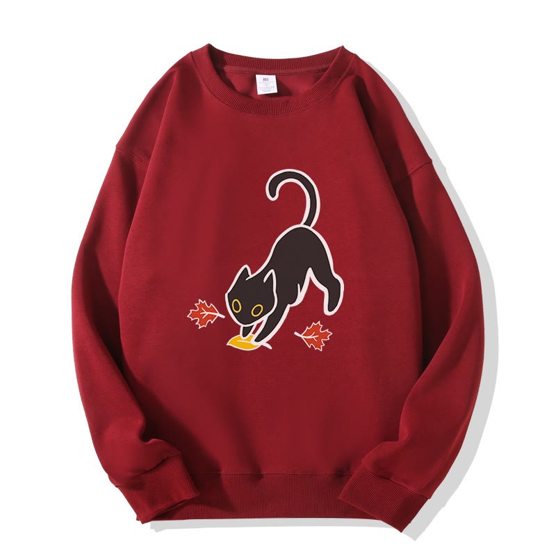 Schwarze Katze springt auf Blatt – Halloween-Grafik-Sweatshirt mit Rundhalsausschnitt - Wine Red - 5XL - image 4