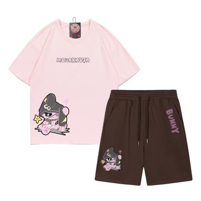 Unhappy Bunny Grafik Dunkle Ästhetik T-Shirt Shorts Zweiteiliges Set - Rosa&Braun - B - 5XL - image 5