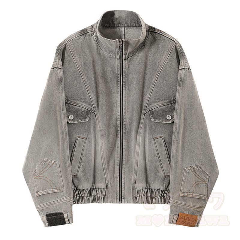 Vintage-Jeansjacke im Used-Look mit Stehkragen und Reißverschluss, dekonstruiert und aus gewaschenem Material - Grau - 3XL - image 6