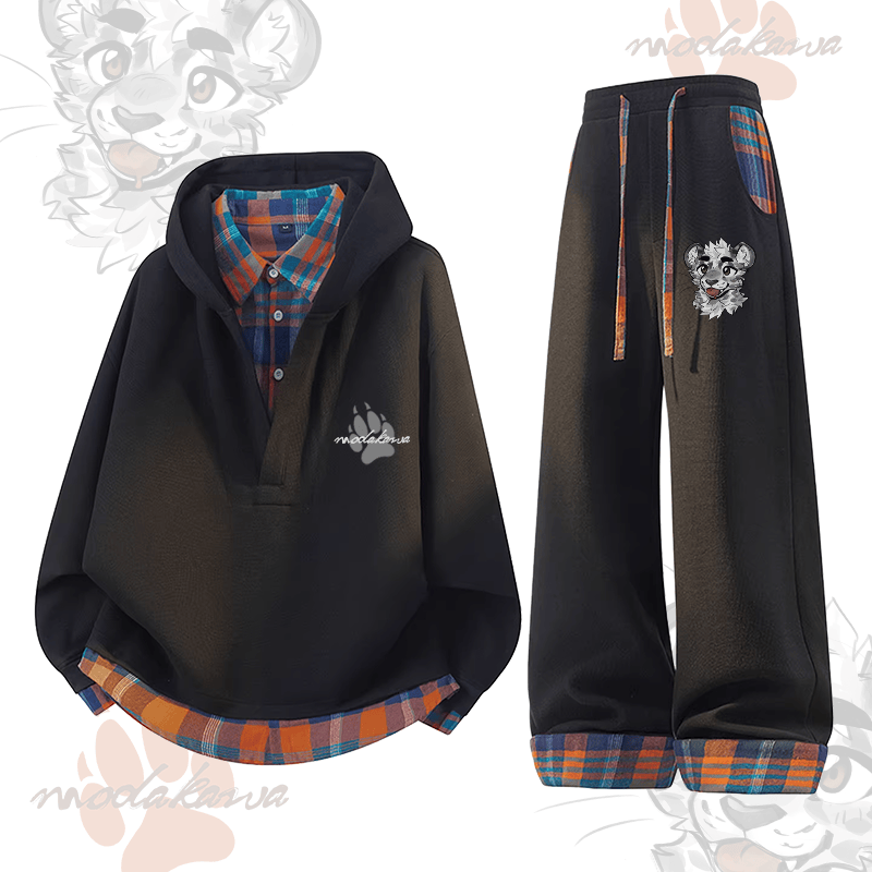 MODAKAWA X atka Cheeky Tiger Face Graphic Plaid Hoodie Pants Two Pieces Set - Black - 3XL - image 4