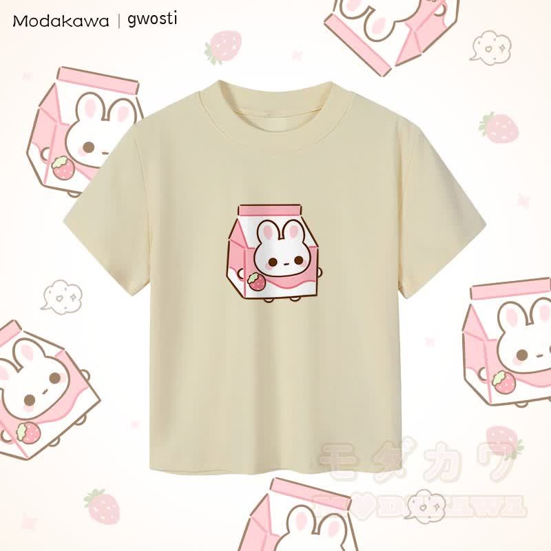 MODAKAWA X gwosti Strawbunny Milk Graphic Damen Crop-Top aus 92 % gekämmter Baumwolle - Aprikose - XL - image 3