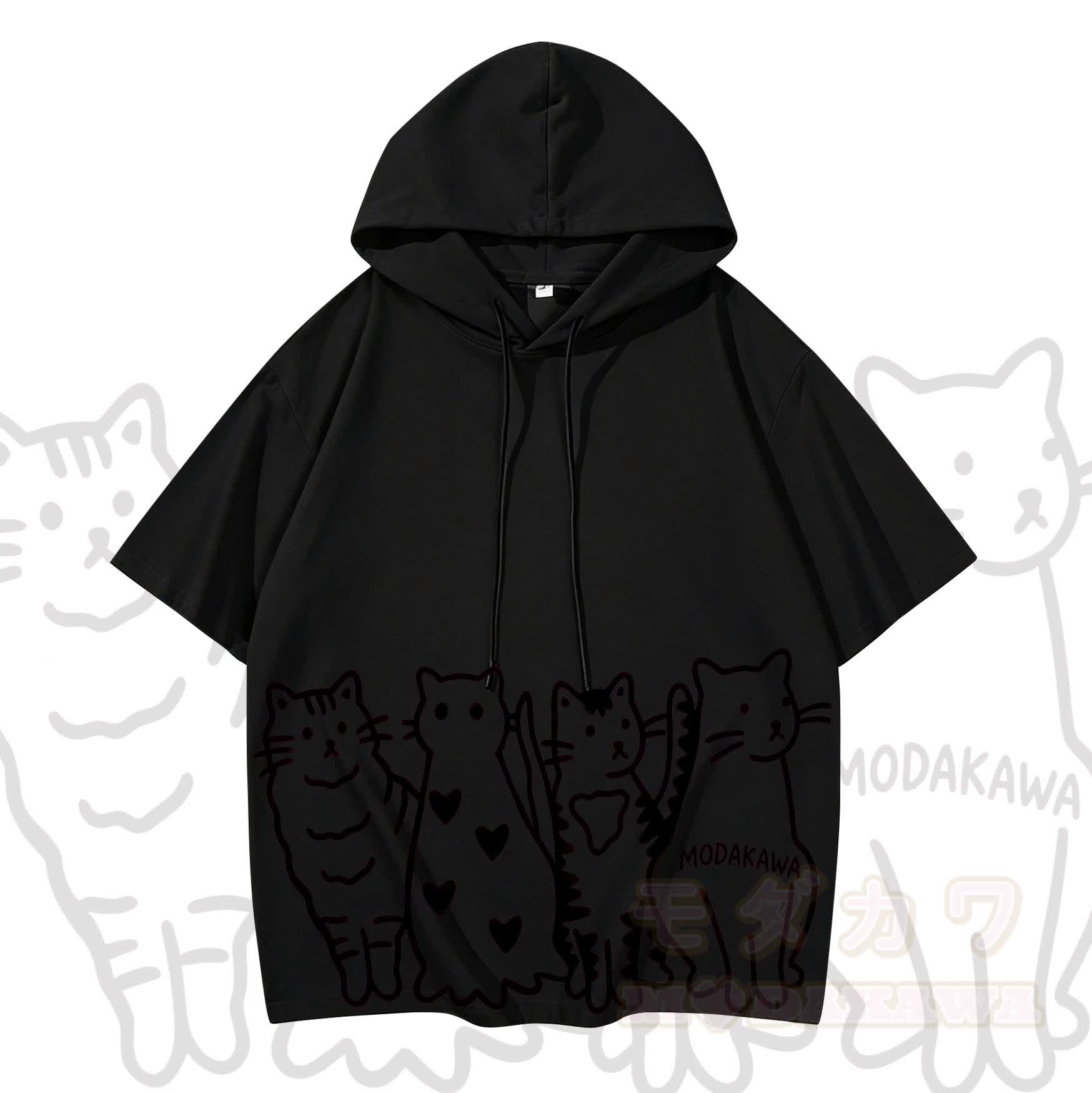 MODAKAWA Kurzarm-Hoodie mit verspieltem Katzenprint - Schwarz - 3XL - image 8
