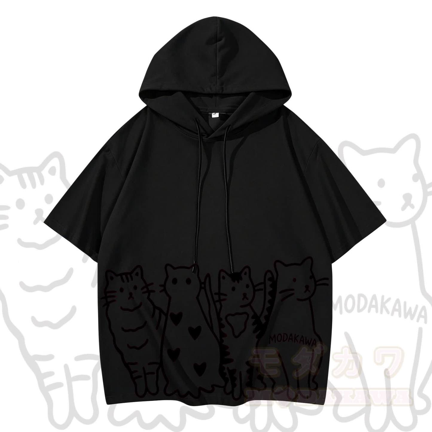 MODAKAWA Kurzarm-Hoodie mit verspieltem Katzenprint - Schwarz - 3XL - image 8