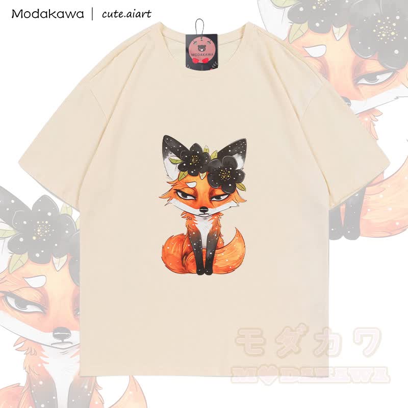 MODAKAWA X cute.aiart Fuchs-Grafik T-Shirt aus 100 % Baumwolle - Aprikose - 5XL - image 3