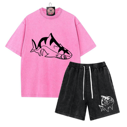 T-Shirt mit Goofy-Pupfish-Grafik und verwaschenen Vintage-Shorts, zweiteiliges Set - Rose Red&Black - 3XL - image 9
