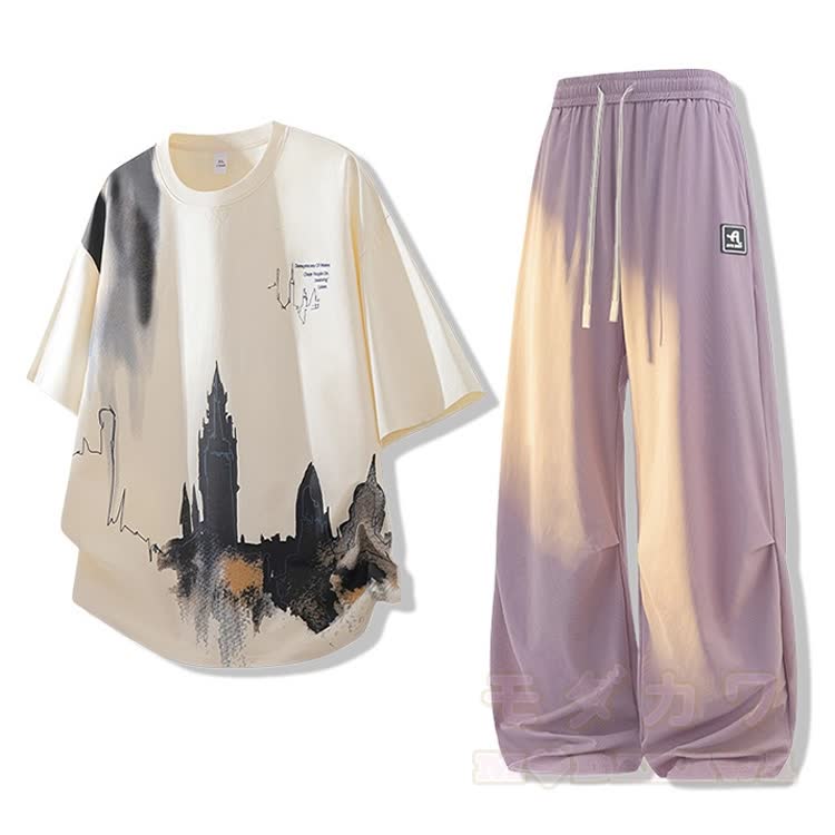 Set aus Oversize-T-Shirt mit City-Grafik und weitem Hosenbein - Set C【Aprikosenfarbenes T-Shirt + Lila Hose】 - 4XL - image 4