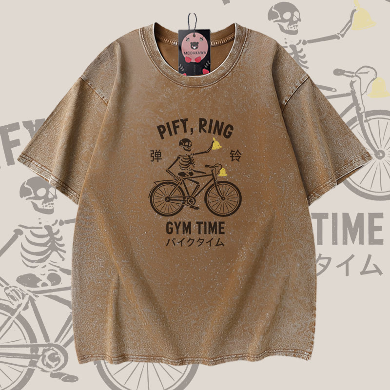 PIFY RING GYM TIME Skelett-Grafik Modakawa Vintage Washed 100% Baumwoll-T-Shirt - Brown - 5XL - image 3
