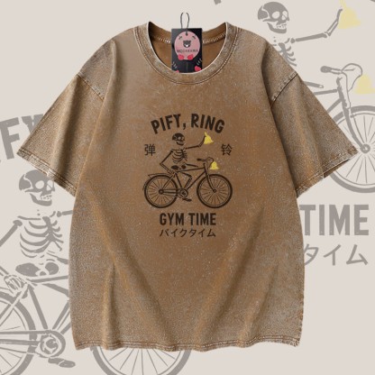 PIFY RING GYM TIME Skelett-Grafik Modakawa Vintage Washed 100% Baumwoll-T-Shirt - Brown - 5XL - image 3